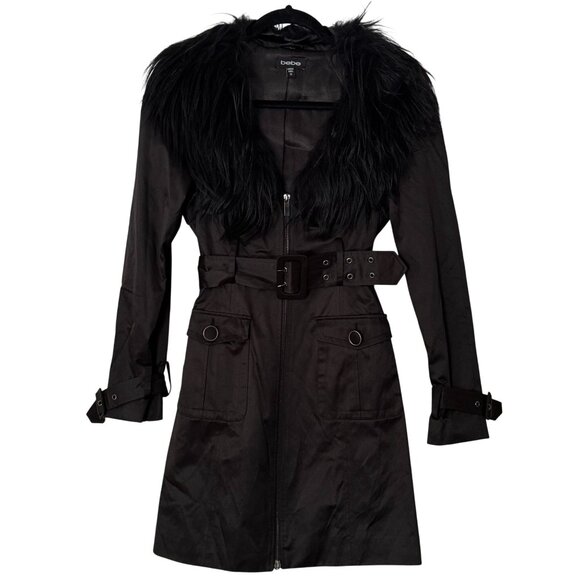 bebe Jackets & Blazers - Bebe Black Trench Coat Real Fur Trim Collar Designer Zipper Belt Size XS